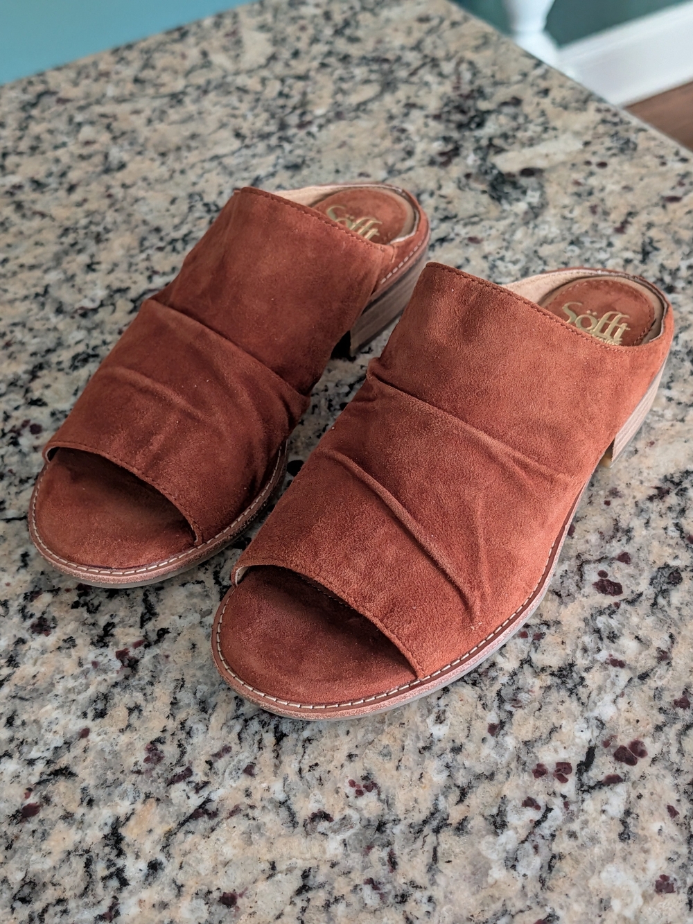 Sofft Netta Suede Open Toe Mule Slide Sandals-Rust Brown-Sz 7.5